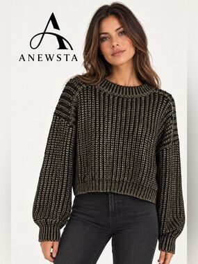 Anewsta Black Metallic Gold Cropped Knit Pullover Sweater Size M